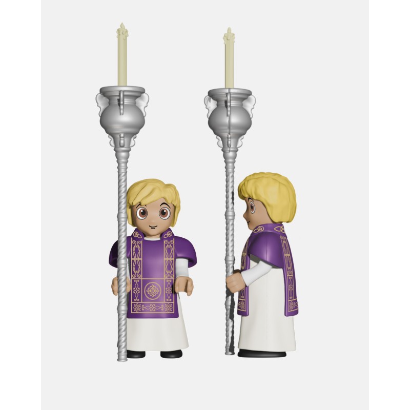 Juguetes Semana Santa Artabán: acólitos morados con pértiga y ciriales