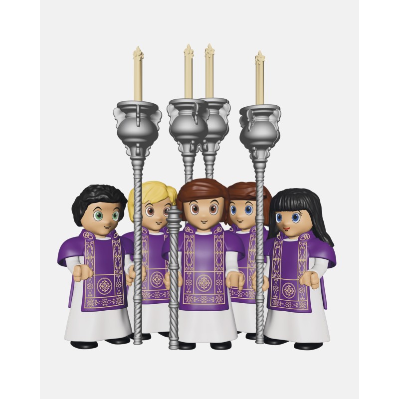 Juguetes Semana Santa Artabán: acólitos morados con pértiga y ciriales
