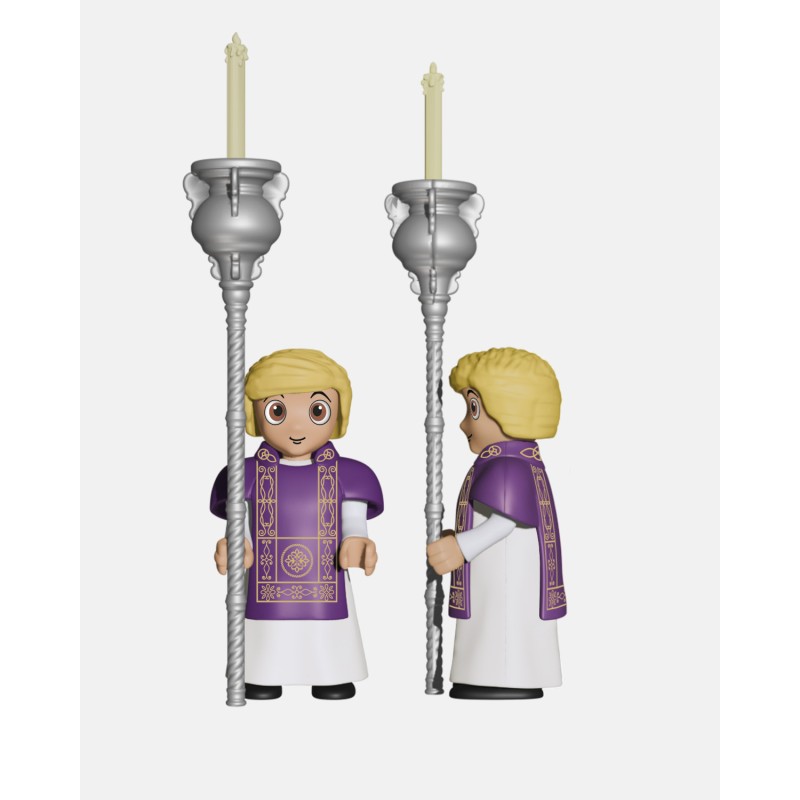 Juguetes Semana Santa Artabán: acólitos morados con cruz parroquial y ciriales