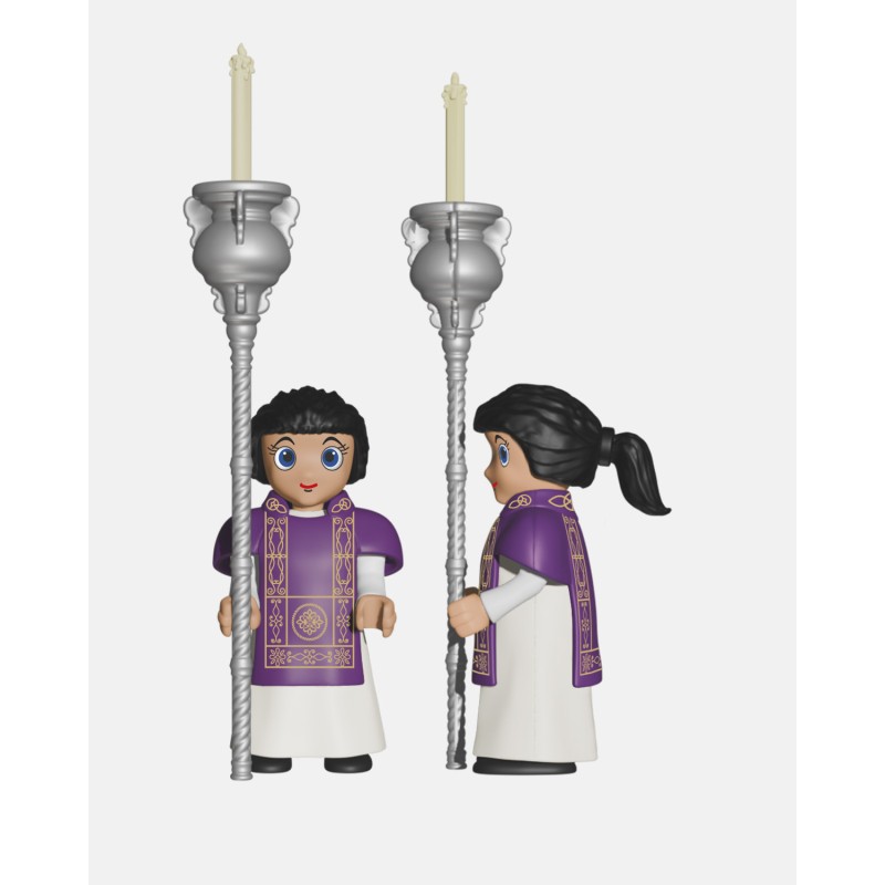 Juguetes Semana Santa Artabán: acólitos morados con cruz parroquial y ciriales
