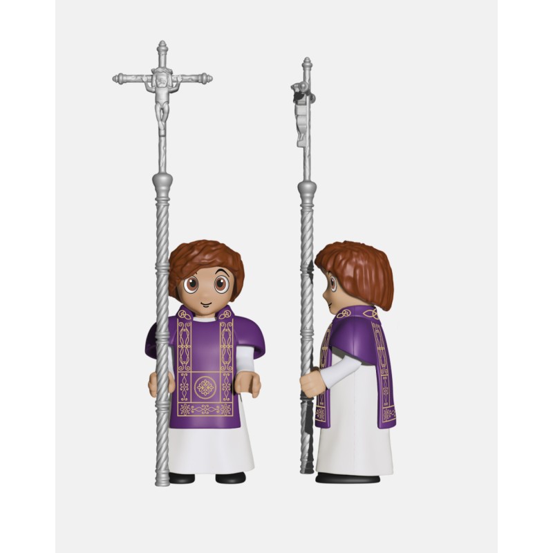 Juguetes Semana Santa Artabán: acólitos morados con cruz parroquial y ciriales