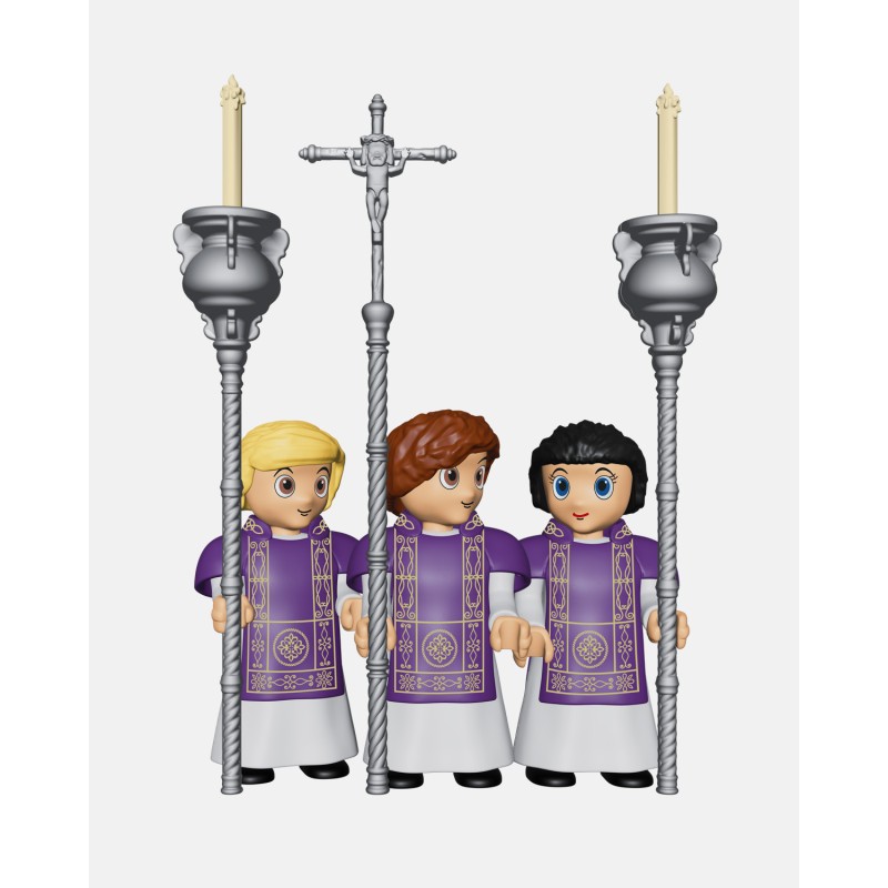 Juguetes Semana Santa Artabán: acólitos morados con cruz parroquial y ciriales