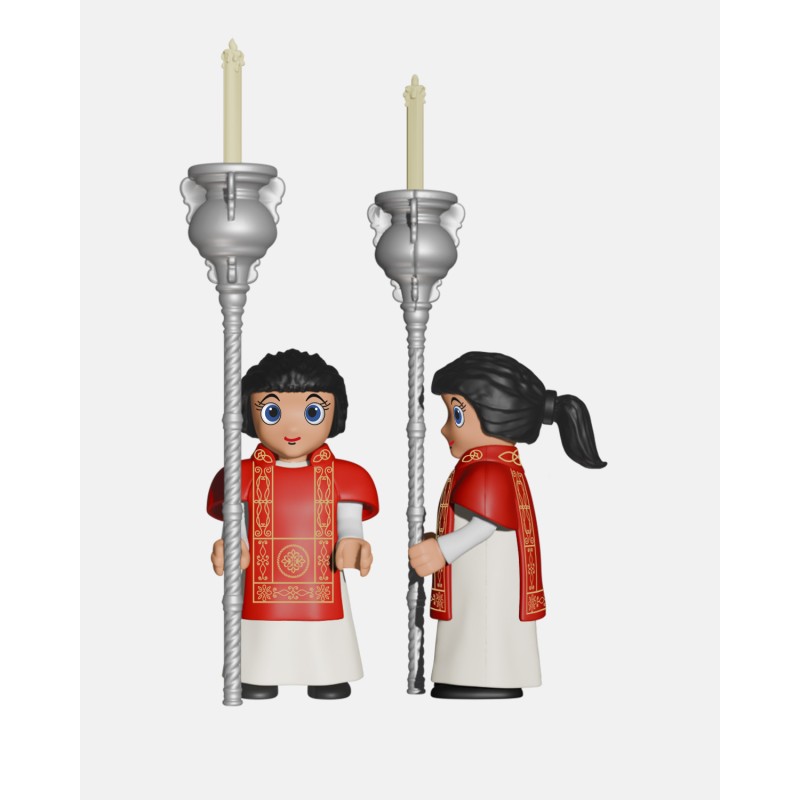 Juguetes Semana Santa Artabán: acólitos rojos con cruz parroquial y ciriales
