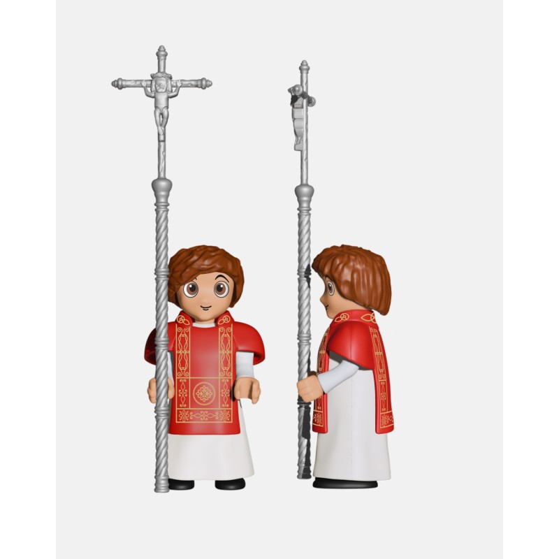 Juguetes Semana Santa Artabán: acólitos rojos con cruz parroquial y ciriales