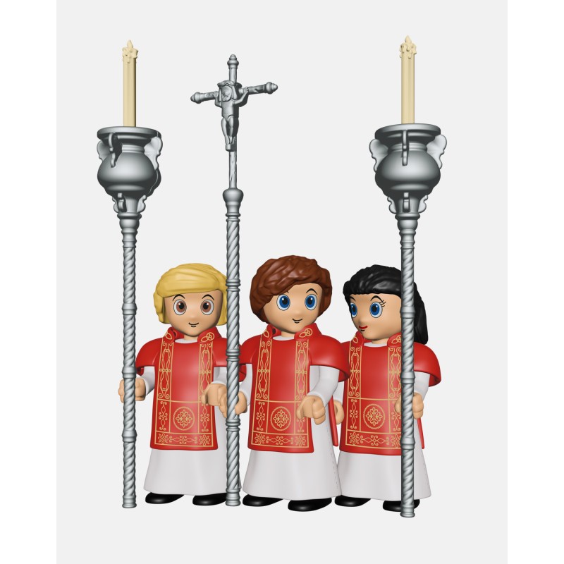 Juguetes Semana Santa Artabán: acólitos rojos con cruz parroquial y ciriales